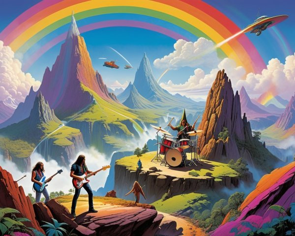 Vibrant Landscape with Mountains, Valleys, and Music