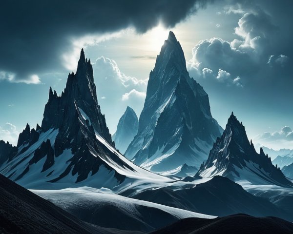Dramatic Mountain Peaks Under Moody Sky and Snow