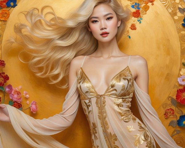 Elegant Woman in Gold-Embroidered Gown with Blossoms