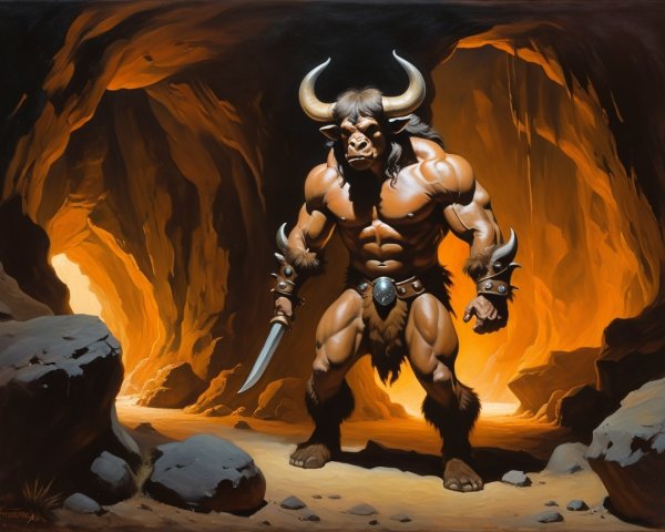 Muscular Minotaur Creature in Dimly Lit Cave