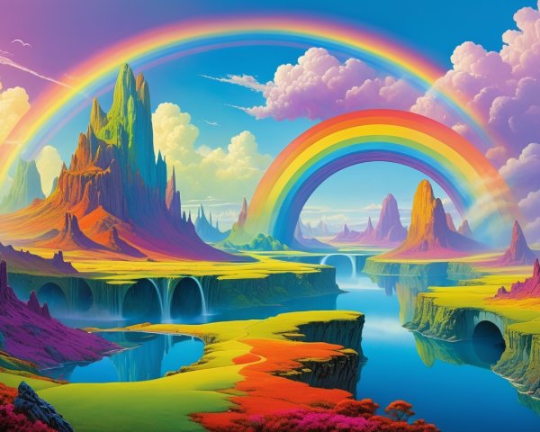 Surreal Landscape with Colorful Mountains and Rainbows