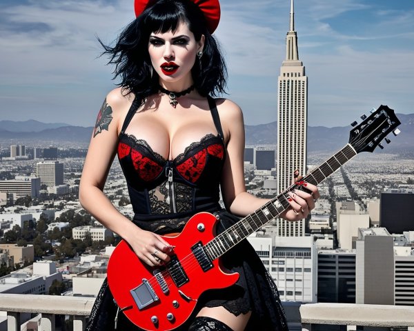Gothic Style Woman with Electric Guitar on Rooftop