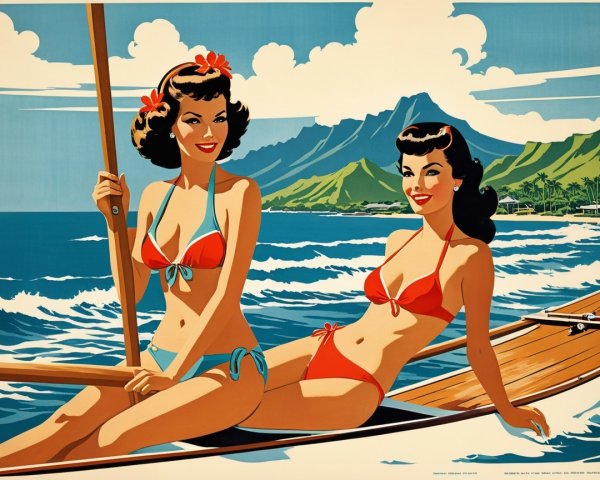 Two Women in Colorful Bikinis on a Boat in Paradise