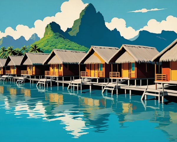 Tropical Landscape with Wooden Bungalows on Stilts