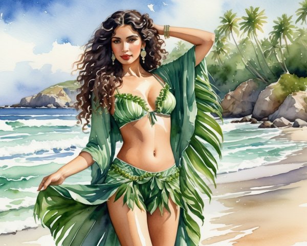 Watercolor Illustration of Woman on Tropical Beach