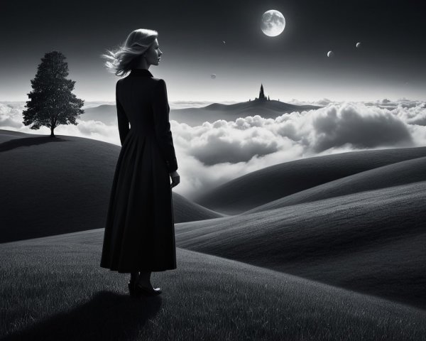 Woman in Black Dress on Grassy Hill with Moonlit Valley