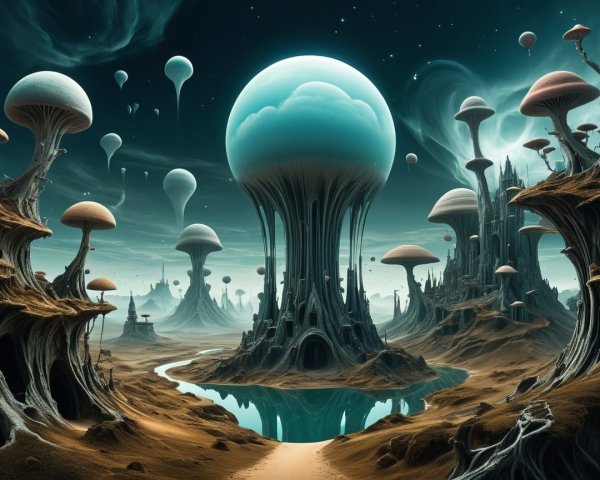 Surreal Landscape with Towering Mushrooms and Orbs