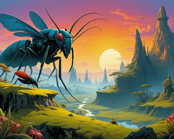 Giant Mechanical Mosquito in Surreal Sunset Landscape