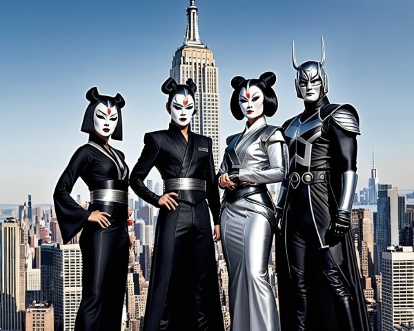 Group of Four Superheroes with City Skyline Background