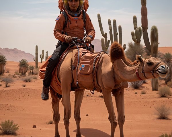 Person in Orange Space Suit Riding Camel in Desert