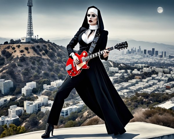 Nun in Black Habit Posing with Red Electric Guitar
