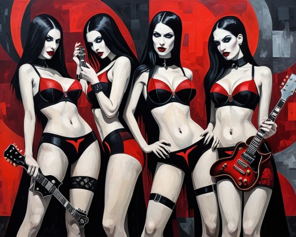 Women in Black and Red Lingerie with Guitars