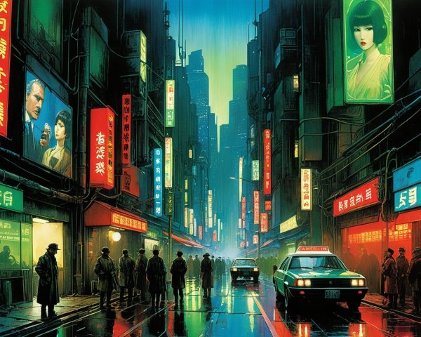 Vibrant Cyberpunk Alleyway with Neon Signs and Reflections