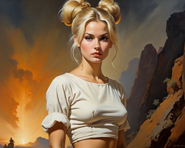 Young woman with playful buns against sunset landscape