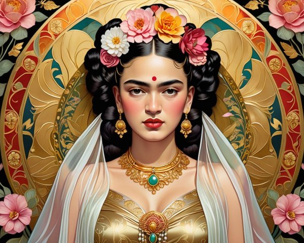 Portrait of a woman with jewelry and floral accents