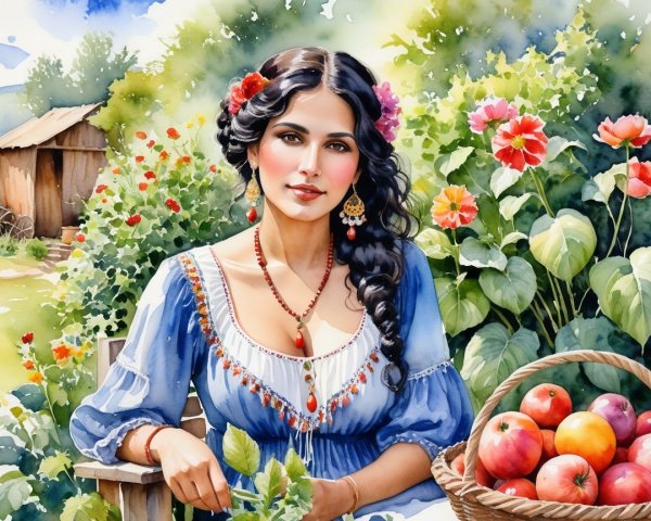 Young Woman in Traditional Outfit in Lush Garden