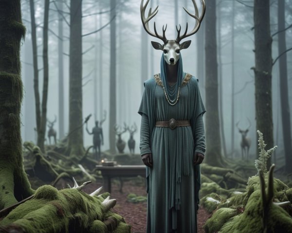 Mystical Forest Scene with Deer Skull Figure and Altar
