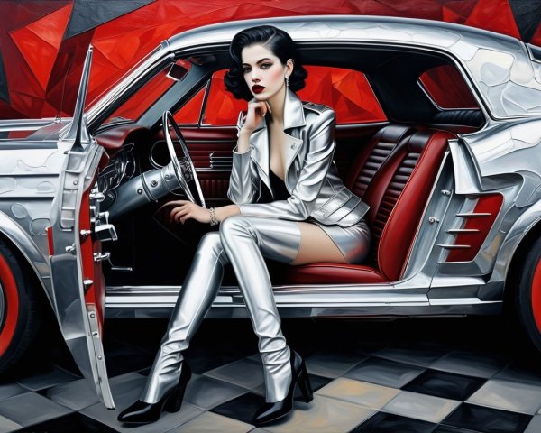Elegant woman in classic silver car with checkerboard floor