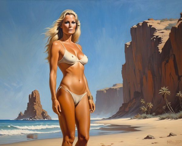 Painting of a Confident Woman on a Sunlit Beach