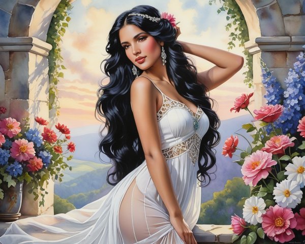 Elegant Woman in White Gown Amidst Scenic Landscape
