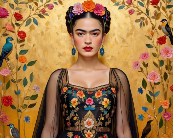 Portrait of a Woman in Floral-Embroidered Dress
