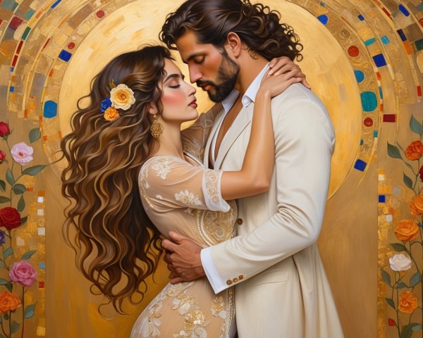 Romantic Embrace of a Couple in Elegant Attire