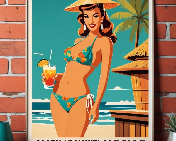 Retro Illustration of Woman in Floral Bikini at Beach