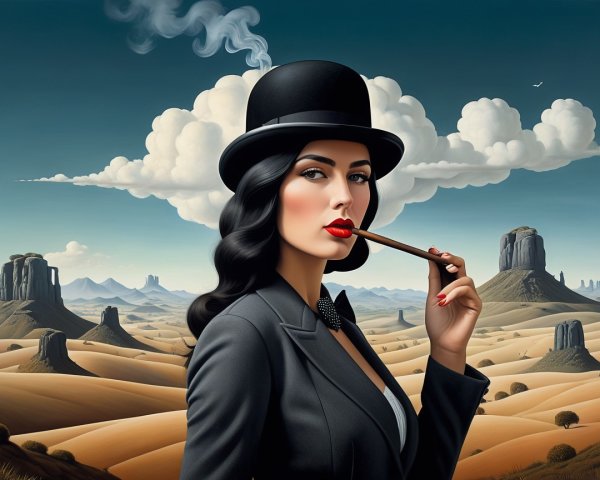 Glamorous Woman in Vintage Suit Against Surreal Landscape