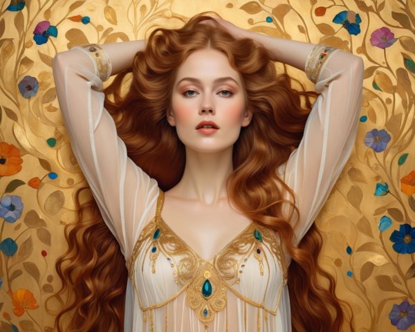 Regal young woman in elegant gown with floral backdrop
