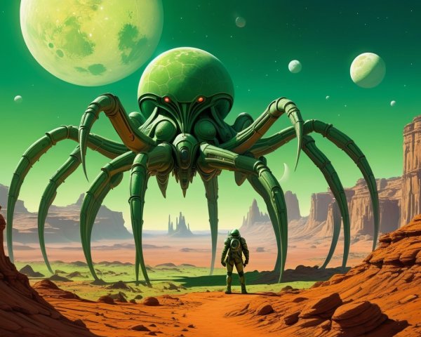 Futuristic Astronaut and Giant Octopus in Alien Landscape