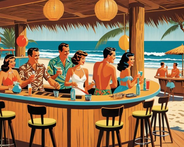 Beach Bar Scene with Friends and Tropical Drinks