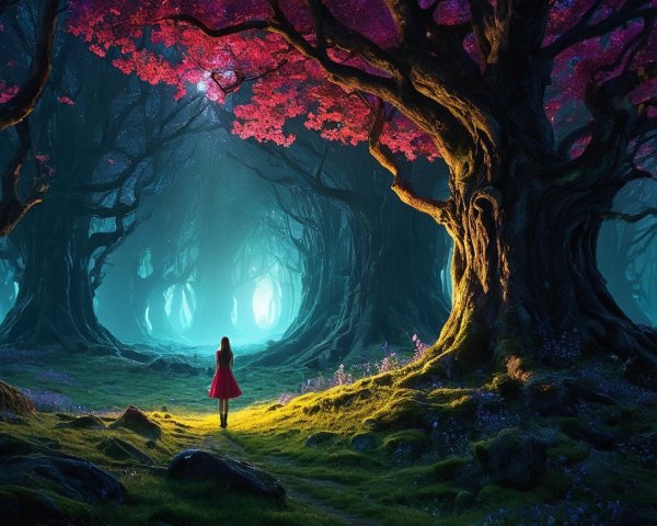 Magical Night Forest with Illuminated Path and Colors