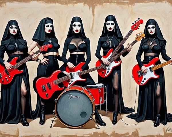 Band of Women in Black Nun-Inspired Attire