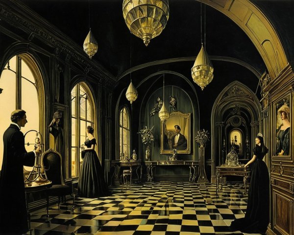 Elegant Dark Room with Chandeliers and Portraits