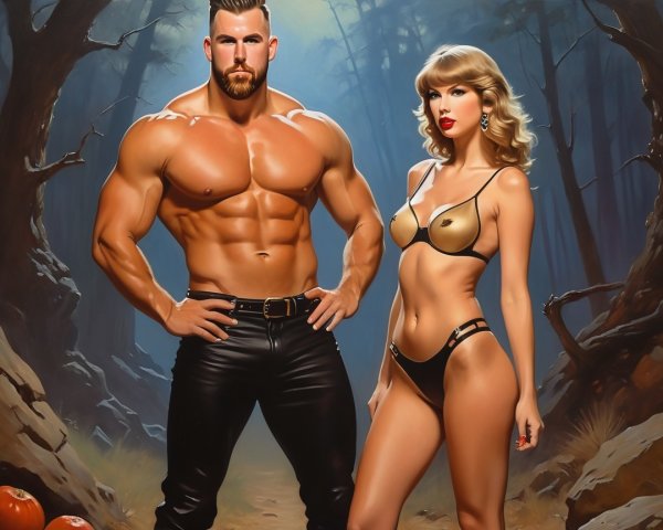 Muscular Man and Glamorous Woman in Misty Forest