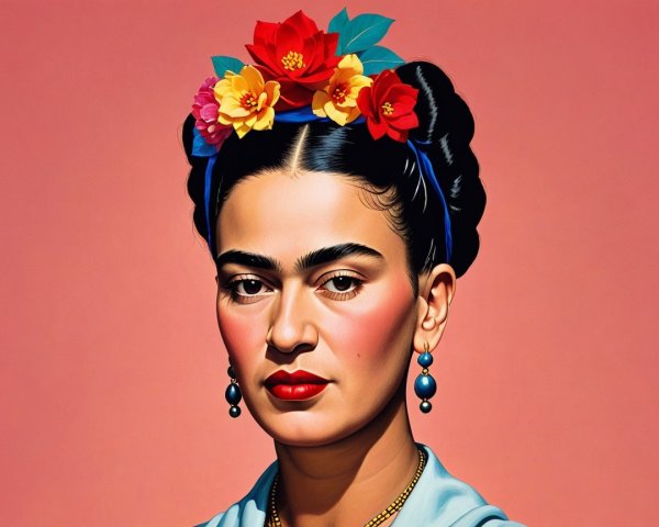 Frida Kahlo Portrait with Blue Blouse and Flower Crown