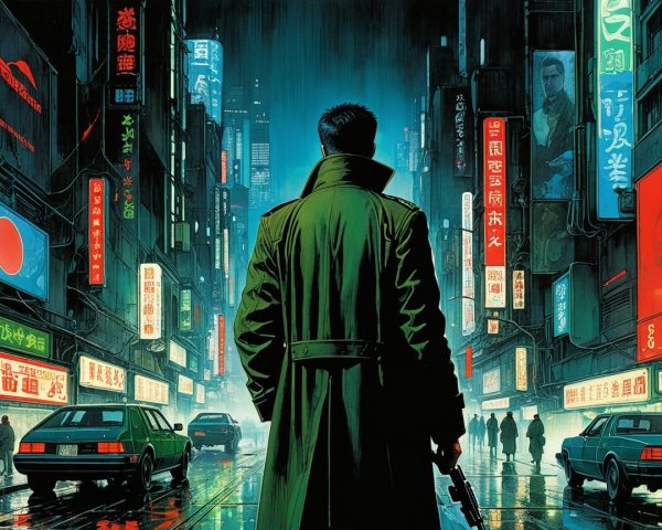 Cyberpunk City Scene with Neon Lights and Rain