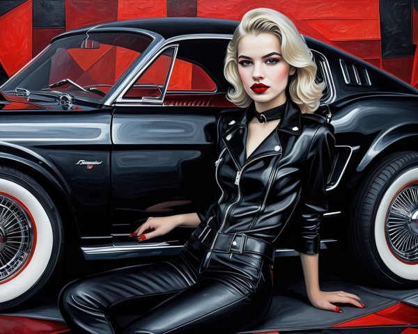 Blonde Woman in Leather Suit by Vintage Muscle Car