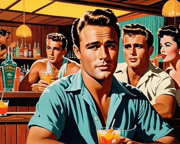 Vintage Bar Scene with Stylish Individuals and Cocktails