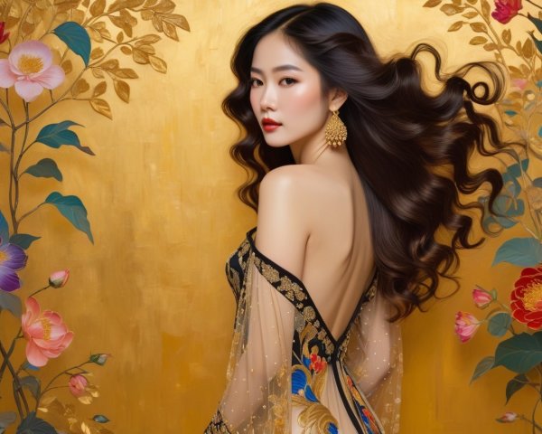 Elegant Woman Posing Against Golden Floral Backdrop