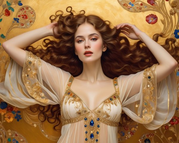 Serene Woman in Sheer Dress Against Golden Backdrop