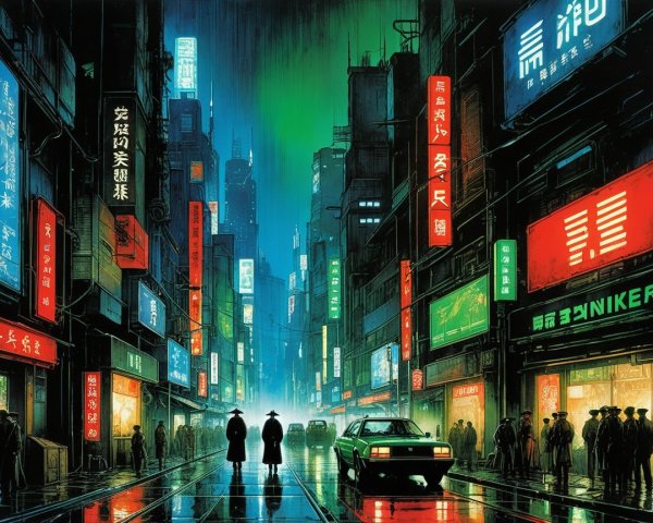 Cyberpunk Night Street Scene with Neon Lights and Figures