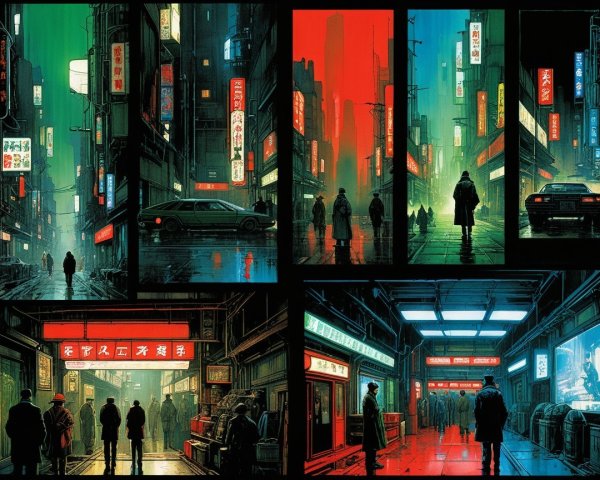 Cyberpunk Street Scenes with Neon Lighting and Rain