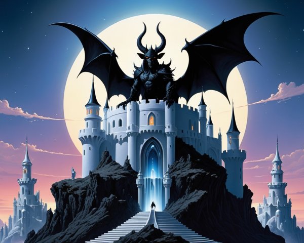 Dramatic Castle Scene with Dragon and Lone Figure