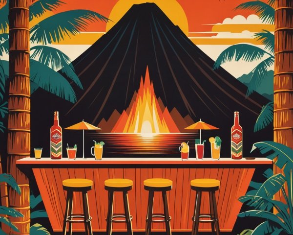Tropical Tiki Bar Scene with Volcano and Sunset