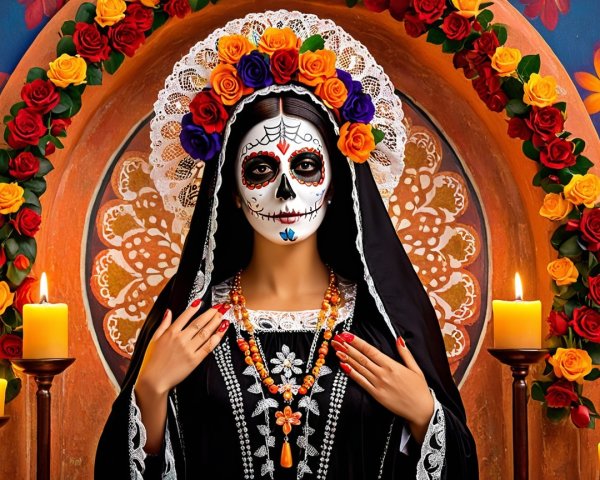 Woman in Traditional Black Attire for Day of the Dead