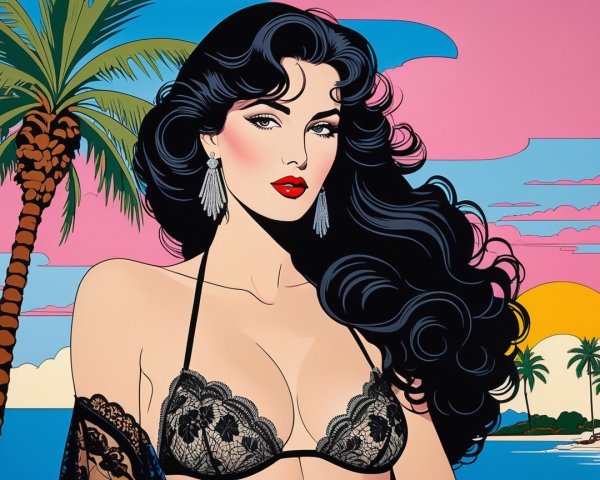 Glamorous Woman in Black Bikini Against Tropical Sunset