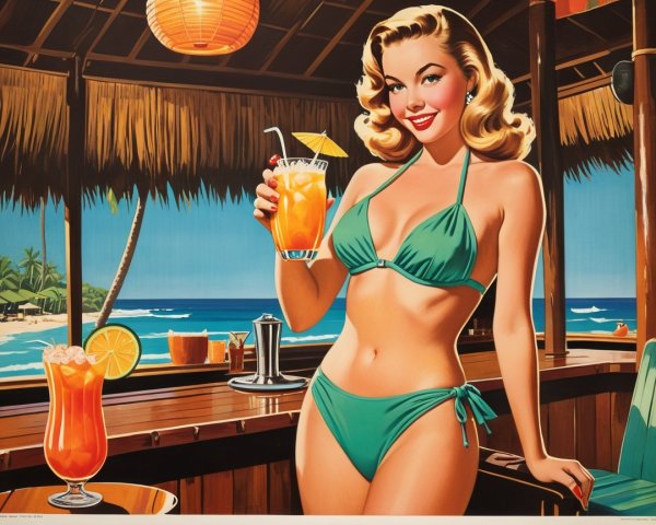 Vintage Illustration of Woman in Teal Bikini at Beach Bar