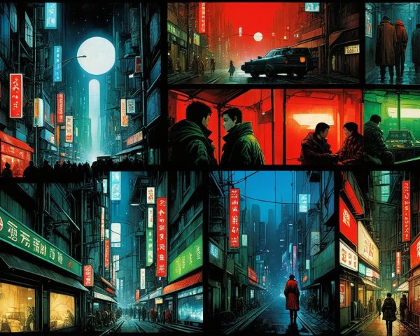 Futuristic City Scenes in a 3x3 Grid at Night