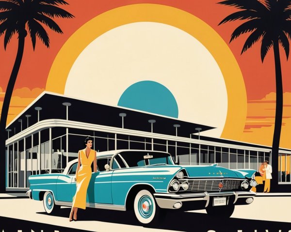 Retro Poster of 1950s Car and Modernist Building